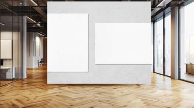 Two empty white vertical and horizontal rectangle poster mockups with soft shadows on neutral light grey concrete background. Flat lay, top view Wall mural