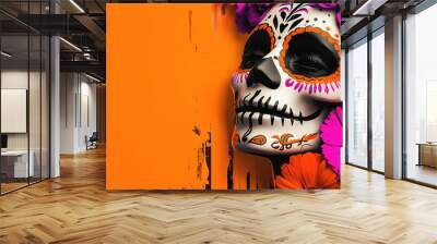 Woman with Day of the Dead Calavera skull makeup, orange flowers in hair, on colorful orange graffiti background. Traditional, modern urban art style banner, flyer, poster design, copy space Wall mural