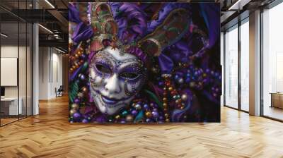 bright, colorful banners depicting a man in a suit and mask in the style of Mardi Gras, the concept of a holiday, carnival, masquerade, advertising layout, invitation or postcard Wall mural