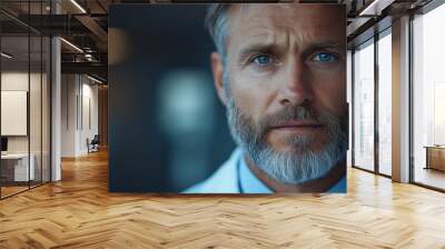 Minimalist depiction of a general practitioner doctor in healthcare with a serene expression professional medical portrait against a softly faded background in a clinic setting with ample copy space f Wall mural