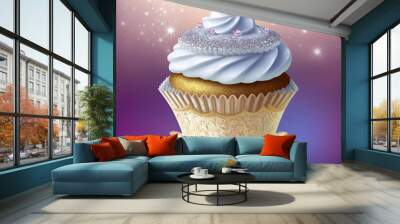 Muffin with crystal sugar decorations, elegant, luxury, glamour style of purple and pink decorations with diamond on top Wall mural