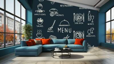 chalk drawn restaurant menu design elements on blackboard Wall mural