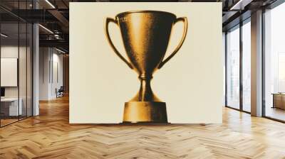 Retro trophy cup with classic engraving placed on worn wooden pedestal warm and nostalgic feel sepia and gold palette vintage award for excellence trophy from past era faded velvet cloth background Wall mural