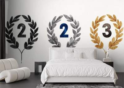 Set of first second and third place silver gold and bronze awards with laurel wreath ribbon number one two and three symbols vector illustration on a white background Wall mural