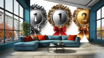 Set of first second and third place silver gold and bronze awards with laurel wreath ribbon number one two and three symbols vector illustration on a white background Wall mural