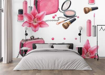 Illustrations of make up products and accessories. Fashion illustration Wall mural