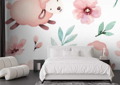 Watercolor illustration of cute sheep. Seamless pattern Wall mural