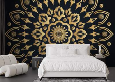 gold flower ornamental mandala on black background. Vector folk illustration. Wall mural