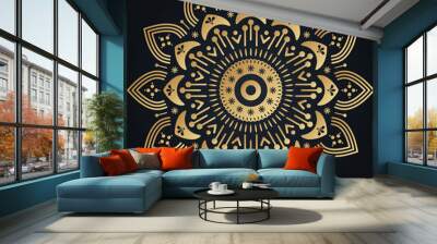 gold flower ornamental mandala on black background. Vector folk illustration. Wall mural