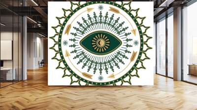 Mystic eye symbol boho illustration. Art deco print with gold and green color Wall mural