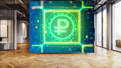 Russian ruble currency logo. Rouble financial sign on digital background. Closeup with depth of field, bokeh, neon lights. Wall mural