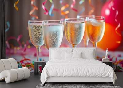 Sparkling drinks on a festive table, ready for a celebratory toast. Wall mural