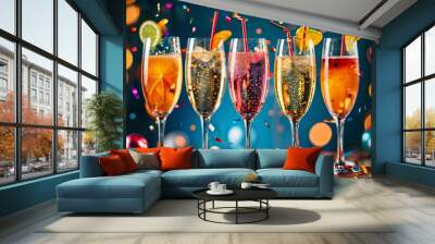 Sparkling drinks on a festive table, ready for a celebratory toast. Wall mural