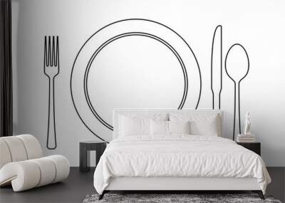 The dishes in the vector are isolated on a white background. Spoon fork knife plate hand-drawn. Table setting. The cutlery is black and white. Kitchen tools. Time to cook Wall mural