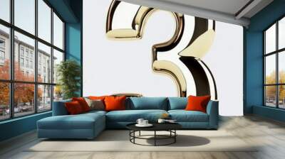 The number 3 has a sleek metallic 3D finish front view with glossy reflections, symbolizing strength and reliability, and is free of shadows for business presentations. Wall mural