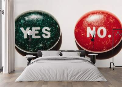 Two large buttons side by side one green with the word YES and one red with the word NO The background is neutral allowing the buttons to be the focus This image represents decisionmaking choices and Wall mural