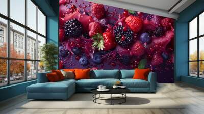 Vivid berries splashing in a liquid swirl of rich berry tones. Artistic fruit composition with drops and splashes on a purple background. Design for gourmet food poster or vibrant wallpaper. Wall mural