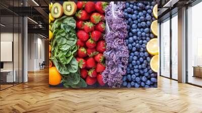 Vivid mosaic of fresh fruits and vegetables creating a rainbow spectrum, a vibrant display of healthy, colorful produce.
 Wall mural