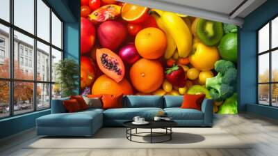 Vivid mosaic of fresh fruits and vegetables creating a rainbow spectrum, a vibrant display of healthy, colorful produce.
 Wall mural