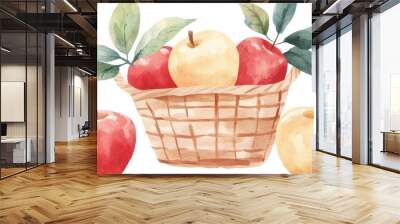 Watercolor paper texture sticker design pastel colors simple lines basket of fresh apples golden and red apples autumn harvest theme natural light and shadows yellow red green palette Wall mural