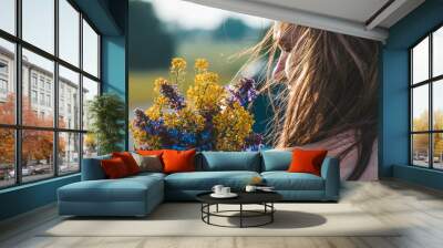 Wildflowers on the girl's shoulder Wall mural