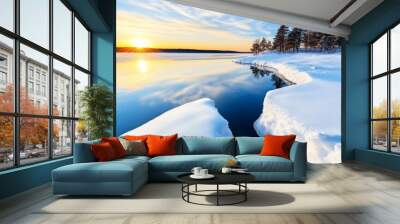 Winter landscape with snowcovered trees frozen lake reflecting sunset peaceful winter scene snow sparkling under sunlight winter sunset serene nature calm winter day snowy pine trees cold and peaceful Wall mural