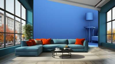 Light blue interior with armchair, lamp and shadow on the floor. Wall mural