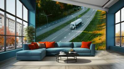 Aerial view on highway road with cars in evening time. Wall mural