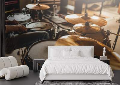 Drummer recording drum sounds, Sound recording studio. Wall mural