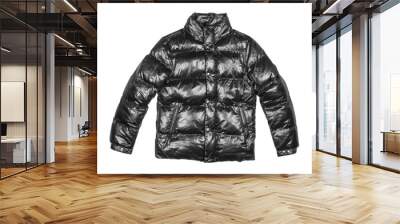 Black hooded warm sport puffer jacket isolated over white background. Blank template down jacket with zipped isolated. Winter jacket isolated Wall mural