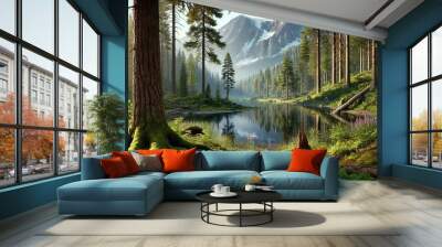 Forest in the forest lake water mountain landscape nature forest sky reflection mountains trees river tree. Forest in the forest scenic green view park outdoors travel summer canada cloud alps clouds. Wall mural