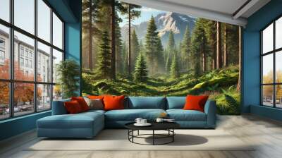 Forest in the forest landscape nature tree mountain sky mountains trees summer pine green blue. Forest in the forest  lake wood view park scenic clouds grass snow valley scene wilderness water river. Wall mural