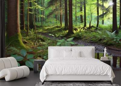 Green forest in the morning forest tree nature green trees woods landscape park moss plant fern leaf wood path summer. Green forest in the morning rainforest natural jungle wilderness environment. Wall mural