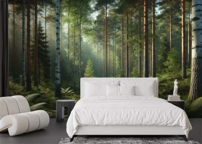 Morning in the forest tree nature trees pine wood landscape green woods autumn sun path park. Morning in the forest environment woodland fog summer season foliage road light scenic trunk leaves. Wall mural