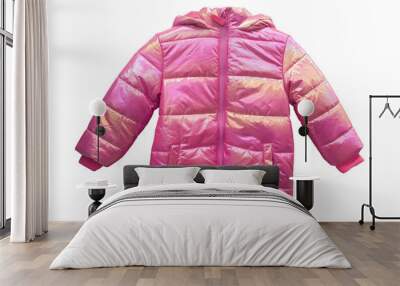 Pink hooded warm sport puffer jacket isolated over white background. Blank template down jacket with zipped isolated. Winter jacket isolated Wall mural