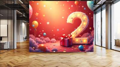 2nd birthday card. Large, illuminated number two with a gift box at its base, set against a backdrop of colorful balloons and confetti. Wall mural