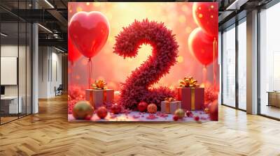 2nd birthday card. Vibrant and colorful celebration scene with a large number two prominently displayed, surrounded by red balloons, gifts, and confetti. Wall mural