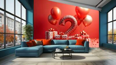 2nd birthday card. Vibrant red background with balloons and gift boxes scattered around, creating a festive atmosphere. Wall mural