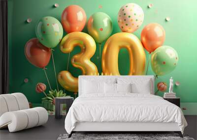 30th birthday card. Vibrant celebration scene with a large number 30 prominently displayed, surrounded by colorful balloons and a cake with candles on it. Wall mural