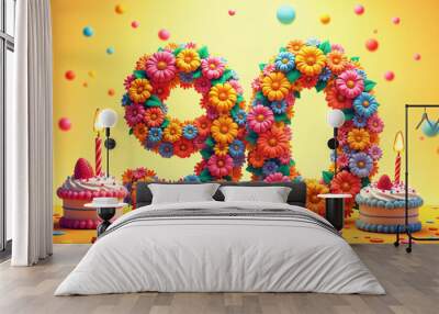 90th birthday card. Vibrant and colorful celebration of the number 90, with two cakes in the background. Wall mural