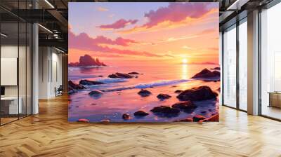 A beach scene at sunset, with the sky painted in hues of orange and pink, reflecting on the calm ocean water. Large rocks jut out from the shoreline, adding to the natural beauty of the landscape. Wall mural