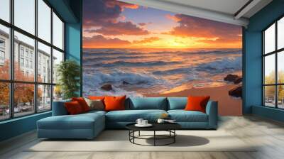 A sunset over the ocean with waves crashing on the shore and rocks in the foreground. Seascape illustration with sand beach, cloudy sky and setting sun. Generative AI Wall mural