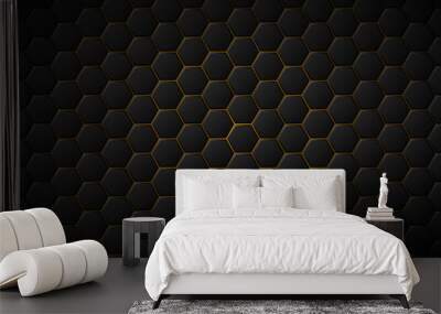 Abstract background of black hexagon tiles with yellow gaps between them Wall mural