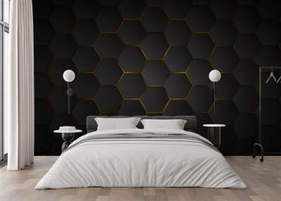 Abstract background of black hexagon tiles with yellow gaps between them Wall mural