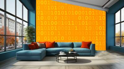 Abstract horizontal banner or background of zeros ad ones in orange colors. Wall mural