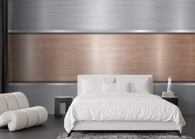 Background consisting of a bronze shiny metallic surface and two horizontal polished silver plates located above and below, with a metal texture, glares and burnished edges Wall mural