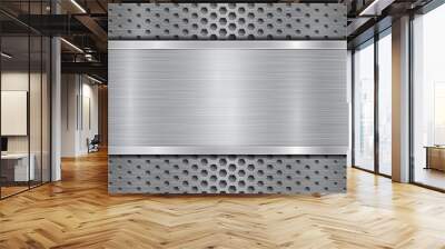 Background in gray colors, consisting of a metallic perforated surface with holes and a polished plate with metal texture, glares and shiny edges Wall mural