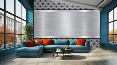 Background in gray colors, consisting of a metallic perforated surface with holes and a polished plate with metal texture, glares and shiny edges Wall mural