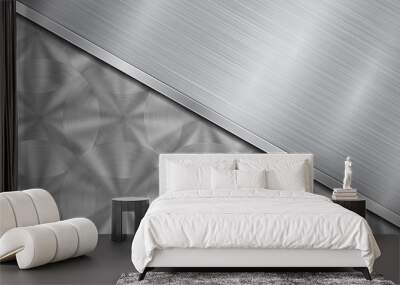 Background in silver and gray colors, consisting of a shiny metallic surface and one big polished plate located in diagonal, with a metal texture, glares and burnished edge Wall mural