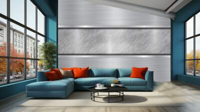 Background in silver and gray colors, consisting of a shiny metallic surface and two horizontal polished plates located above and below, with a metal texture, glares and burnished edges Wall mural